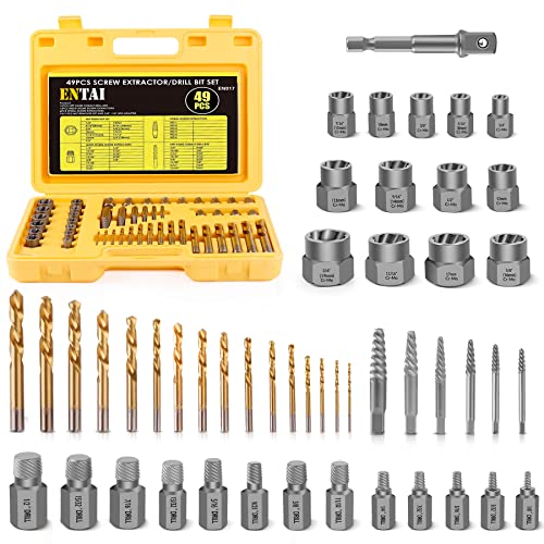 ENTAI 49-Piece Bolt Extractor Screw Extractor Set, with 13-Piece Bolt Extractor Set, 16-Piece Drill Bit Set, 19-Piece Multi-Spline Screw Extractor Set and 1-Piece Extension, Solid Carrying Case