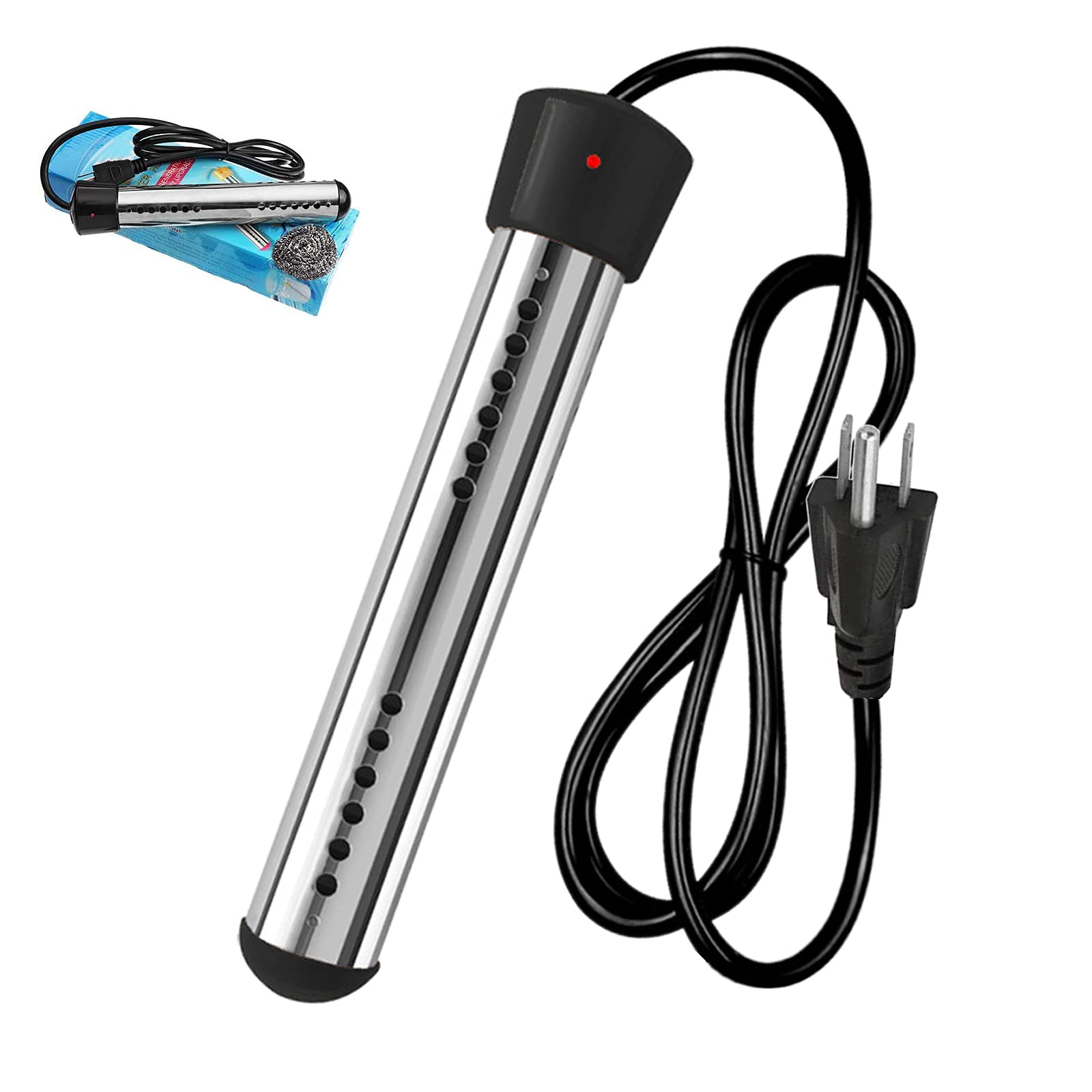 Immersion Water Heater, 1500W Portable Water Heater with 304 Stainless-Steel Guard, Electric Bucket Heater for Travel Camping Hot Bathtub Mini Inflatable Pool Black