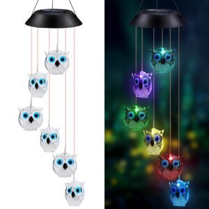 wjiang solar wind chimes, owl led solar powered wind chimes lamp color changing waterproof garden chimes with hook for outdoor indoor patio yard deck grandma mom