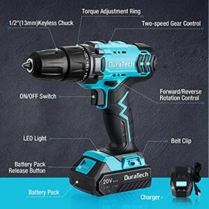 DURATECH 20V Cordless Drill, Electric Power Drill Driver Set with 1/2” Keyless Chuck, Variable Speed, 25+1 Torque Settings, 350 In-lbs Torque and 16pcs Drill Bits, Drill Tools Kit for Home Improvement