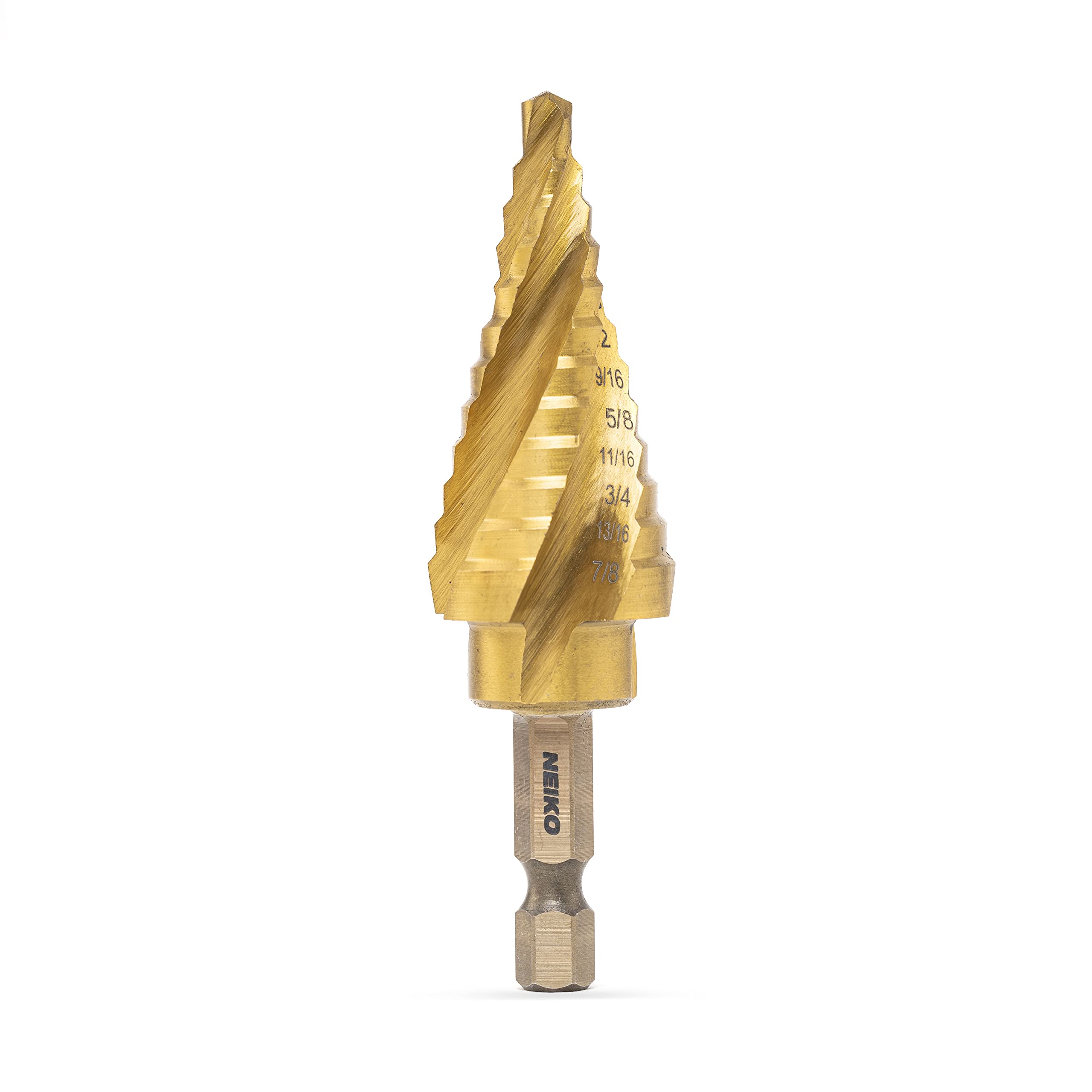 NEIKO 10180A Steel Spiral Quick-Change Step Drill Bit for Metal with 4-Flute Spiral Grooved Design, Nitride-Coated High-Speed Steel Multitool with 12 Sizes in 1 Step Bit, Unibit, Hole Drill Bit