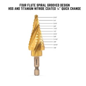 NEIKO 10180A Steel Spiral Quick-Change Step Drill Bit for Metal with 4-Flute Spiral Grooved Design, Nitride-Coated High-Speed Steel Multitool with 12 Sizes in 1 Step Bit, Unibit, Hole Drill Bit