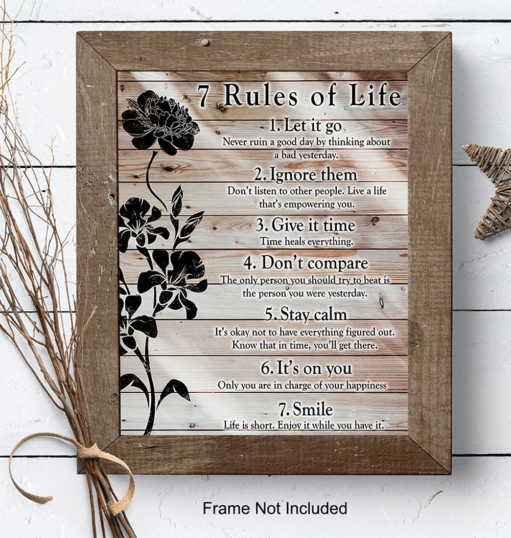 7 Rules Of Life Wall Art - Inspirational Gifts for Women, Men - Motivational Posters, 8x10 - Inspirational Wall Decor - Home Office, Bedroom, Living Room - Inspiring Positive Quotes Wall Decor