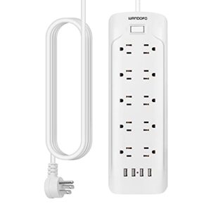 wandofo 15ft extra long cord power strip surge protector, 5v 3.4a smart usb outlet strip, 10 widely spaced outlets, low profile flat plug, wall mountable, ideal for home office, white