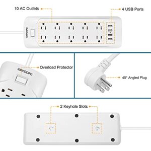 WANDOFO 15ft Extra Long Cord Power Strip Surge Protector, 5V 3.4A Smart USB Outlet Strip, 10 Widely Spaced Outlets, Low Profile Flat Plug, Wall Mountable, Ideal for Home Office, White