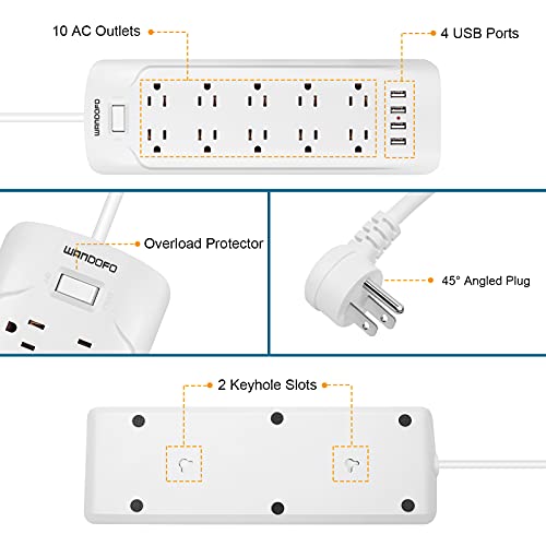 WANDOFO 15ft Extra Long Cord Power Strip Surge Protector, 5V 3.4A Smart USB Outlet Strip, 10 Widely Spaced Outlets, Low Profile Flat Plug, Wall Mountable, Ideal for Home Office, White