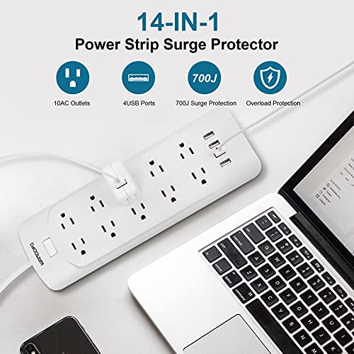 WANDOFO 15ft Extra Long Cord Power Strip Surge Protector, 5V 3.4A Smart USB Outlet Strip, 10 Widely Spaced Outlets, Low Profile Flat Plug, Wall Mountable, Ideal for Home Office, White