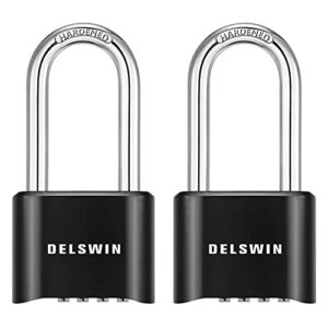 delswin combination lock outdoor padlock - weatherproof extended 2-1/2 in. long shackle combination padlock for gate, shed, trailers, and sports lockers(black,2pcs)