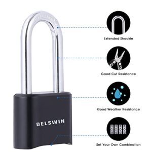 DELSWIN Combination Lock Outdoor Padlock - Weatherproof Extended 2-1/2 in. Long Shackle Combination Padlock for Gate, Shed, Trailers, and Sports Lockers(Black,2Pcs)