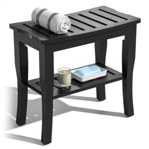 bamboo shower bench & stool waterproof - wood shower bench with storage shelf for inside shower(black)