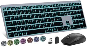 wireless keyboard and mouse combo rechargeable, full size wireless keyboard with backlit, 2.4g silent usb wireless keyboard mouse combo [with usb c adapter] for windows, mac os desktop/laptop/pc