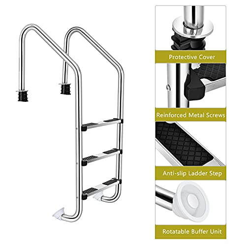 Goplus Swimming Pool Ladder, 3-Step In-Ground Stainless Steel Step for Indoor/Outdoor Pool, Heavy Duty Non-Slip Ladder, Easy Assembly