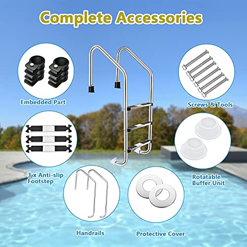 Goplus Swimming Pool Ladder, 3-Step In-Ground Stainless Steel Step for Indoor/Outdoor Pool, Heavy Duty Non-Slip Ladder, Easy Assembly