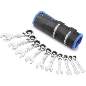 prostormer stubby reversible ratcheting wrench set, 10-piece 8-19mm metric 72-teeth box end and open end combination wrench kit with rolling pouch, cr-v constructed