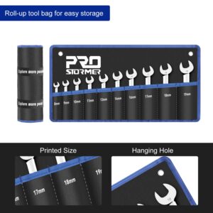 Prostormer Stubby Reversible Ratcheting Wrench Set, 10-Piece 8-19mm Metric 72-Teeth Box End and Open End Combination Wrench Kit with Rolling Pouch, CR-V Constructed