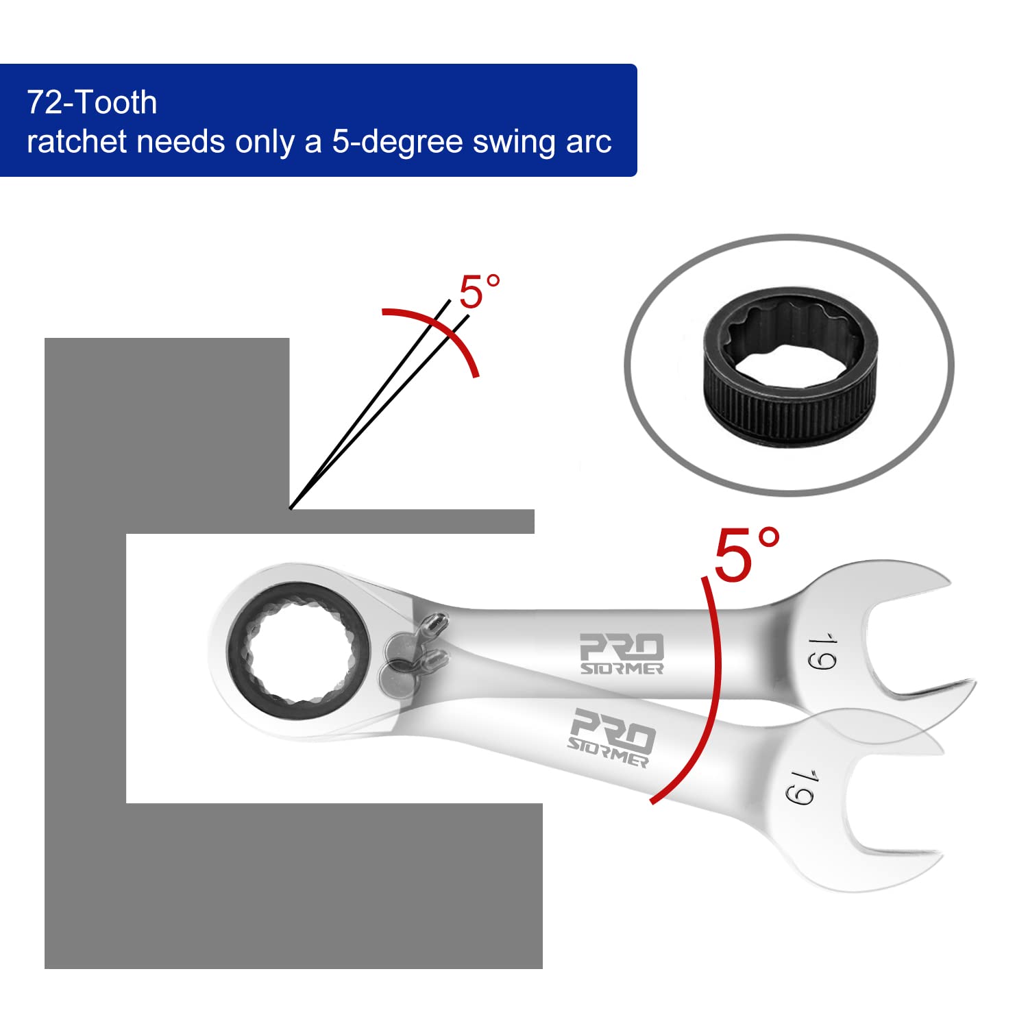 Prostormer Stubby Reversible Ratcheting Wrench Set, 10-Piece 8-19mm Metric 72-Teeth Box End and Open End Combination Wrench Kit with Rolling Pouch, CR-V Constructed