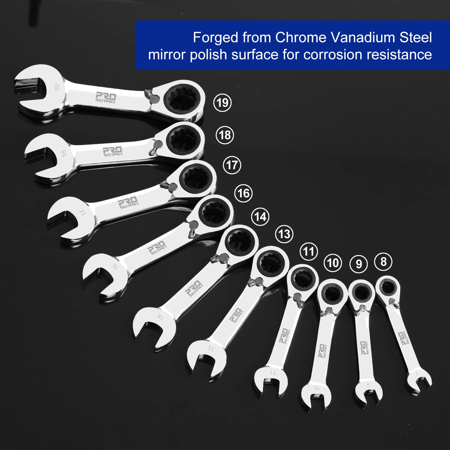 Prostormer Stubby Reversible Ratcheting Wrench Set, 10-Piece 8-19mm Metric 72-Teeth Box End and Open End Combination Wrench Kit with Rolling Pouch, CR-V Constructed