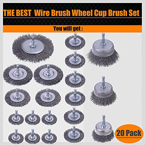 WENORA 20 Pack Wire Brush Wheel for Drill Set, Wire Brush for Drill 1/4 Inch Hex Shank 0.012 inch Coarse Carbon Steel, Wire Wheel for Drill for Cleaning Rust and Abrasive,Wire Brush Drill Attachment
