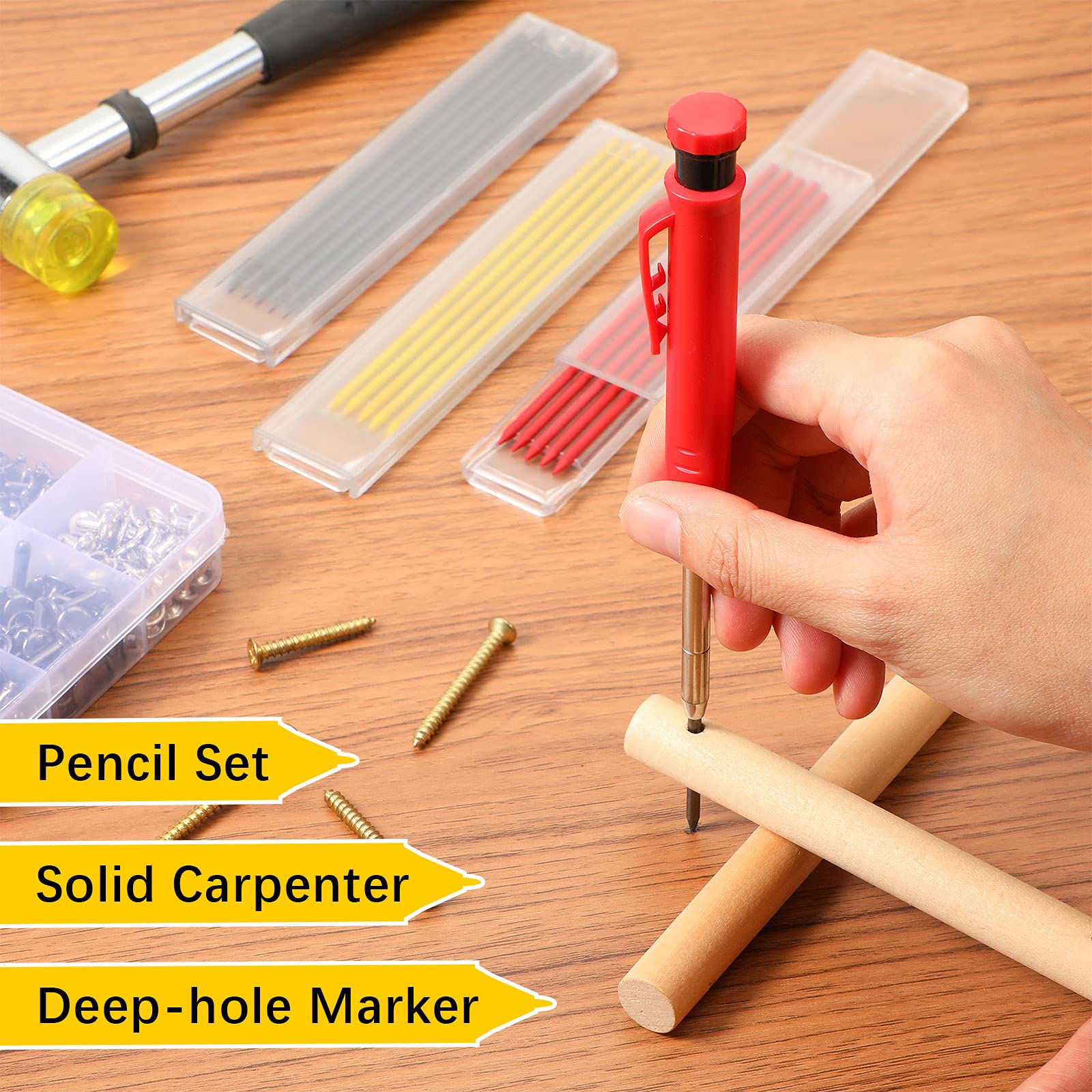 Outus Solid Carpenter Pencil for Construction and Refills with Built in Sharpener, Long Nosed Deep Hole Mechanical Pencil Marker Marking Tool for Scriber Woodworking Architect Carpenter (39 Pieces)