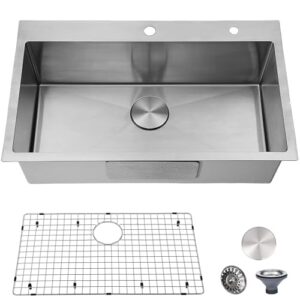 vesla home 30 inch drop in kitchen sink, topmount single bowl stainless steel handmade rv kitchen sinks with dish grid and drain cap