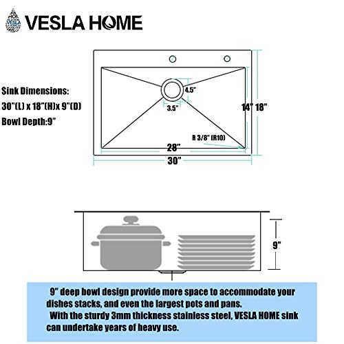 VESLA HOME 30 inch Drop in Kitchen Sink, Topmount Single Bowl Stainless Steel Handmade RV Kitchen Sinks with Dish Grid and Drain Cap