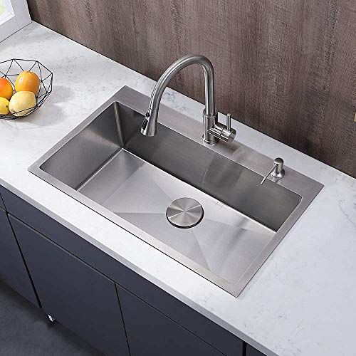 VESLA HOME 30 inch Drop in Kitchen Sink, Topmount Single Bowl Stainless Steel Handmade RV Kitchen Sinks with Dish Grid and Drain Cap