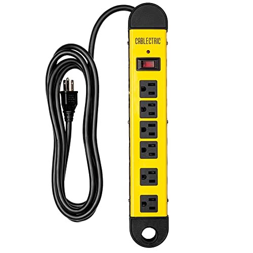 Cablectric Heavy Duty Power Strip Surge Protector for Appliances with 9 Ft Long Extension Cord 14 AWG, 6 Outlets Workshop Power Strip with 1200 Joules Surge, Wide Spaced Metal Power Strip 15 Amp