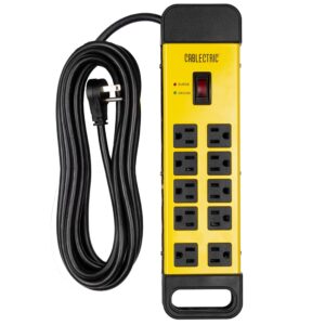 10 outlet heavy duty surge protector power strip - industrial black and yellow metal surge protector with 15 foot extension cord | cablectric is an american owned brand