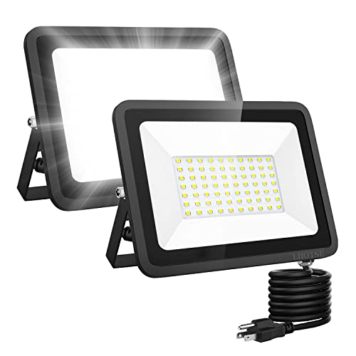 LHOTSE 2 Pack 50W LED Flood Light Outdoor，7000 Lumens LED Work Light with Plug,IP65 Waterproof Outdoor Floodlights, 6500K Daylight White Super Bright Security Light for Yard Garden Patio Playground