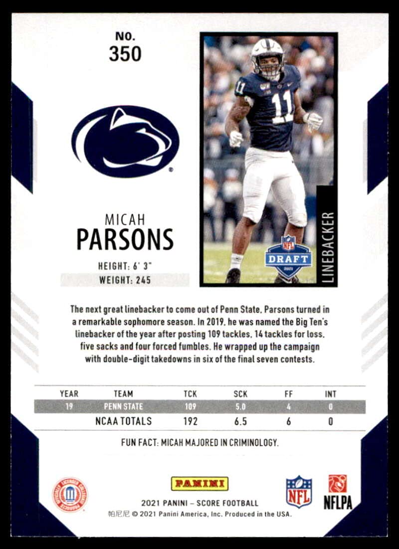 WASOTO 2021 Score #350 Micah Parsons Penn State Nittany Lions Rookie Football Card Y