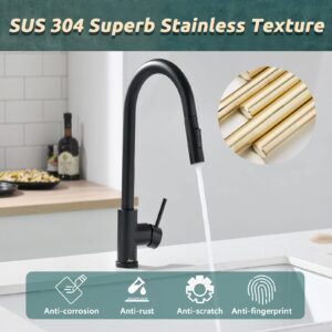 APPASO Black Kitchen Faucet, Modern Kitchen Faucet with Pull Down Sprayer Matte Black, Single-Handle High Arc Gooseneck Modern Kitchen Sink Faucet with Deck Plate