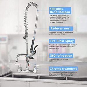 36" Height Commercial Sink Faucet with Pre Rinse Sprayer, 8 Inch Center Commercial Wall Mount Kitchen Faucet with 12” Swing Spout 3 Bay Commercial Compartment Sink Faucet for Restaurant Industrial