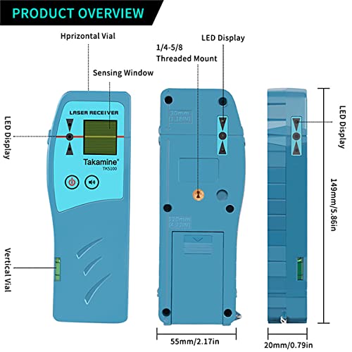 Takamine Laser Receiver for Laser Level - Green Laser and Red Beam Receiver for Pulsing Line Lasers, Three-sided Smart LED Displays, Adjustable Speaker, Two-Sided Level Bubble Bottle, Clamp Included