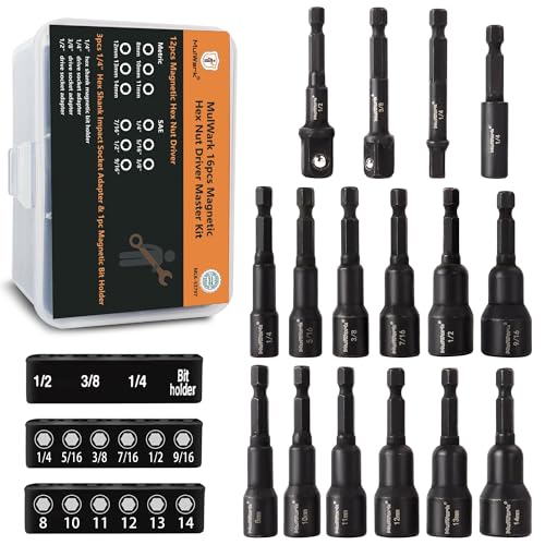 MulWark 16pcs Magnetic Nut Driver Set - SAE, Metric, 1/4” Hex Head impact driver bit set - Rust-Resistant CR-V Steel - Effortless Fastening & Superior Durability