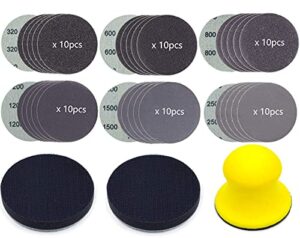 ckfcxc 63pcs sandpapers 3 inch sanding disc hook and loop 320/600/800/1200/1500/2500 grit wet dry sandpaper with hand sanding blocks,2pcs interface pads for wood metal mirror jewelry car polishing