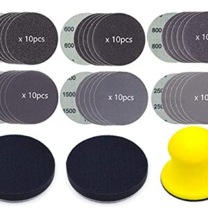 CKFCXC 63Pcs Sandpapers 3 Inch Sanding Disc Hook and Loop 320/600/800/1200/1500/2500 Grit Wet Dry Sandpaper with Hand Sanding Blocks,2Pcs Interface Pads for Wood Metal Mirror Jewelry Car Polishing