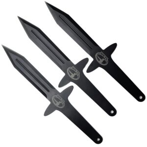 world knife throwing league lancelot professional balanced throwing knife set with three knives, black finished blade, full tang, stainless steel, with premium nylon sheath, 15 inch length