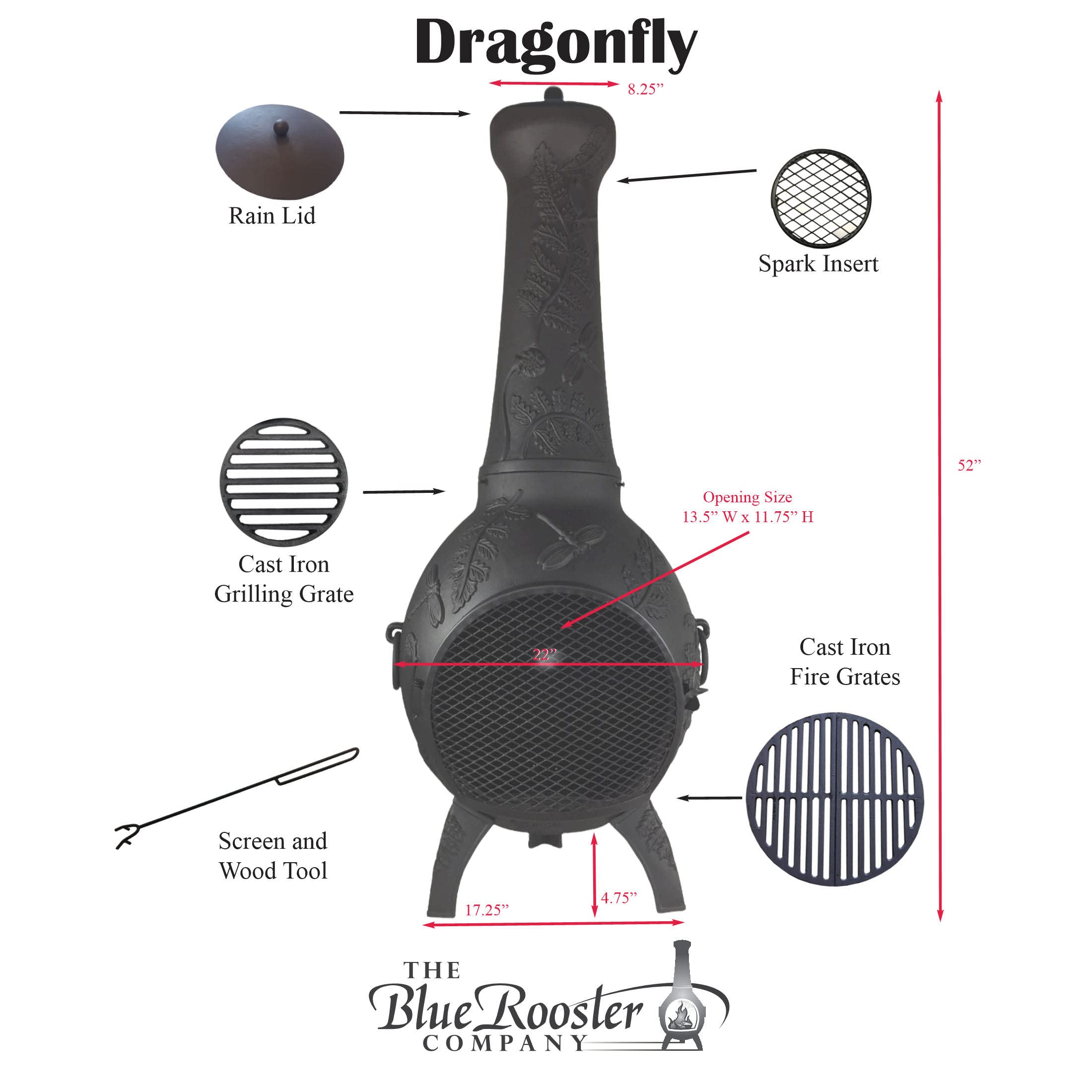 The Blue Rooster Dragonfly Cast Aluminum Chiminea in Charcoal