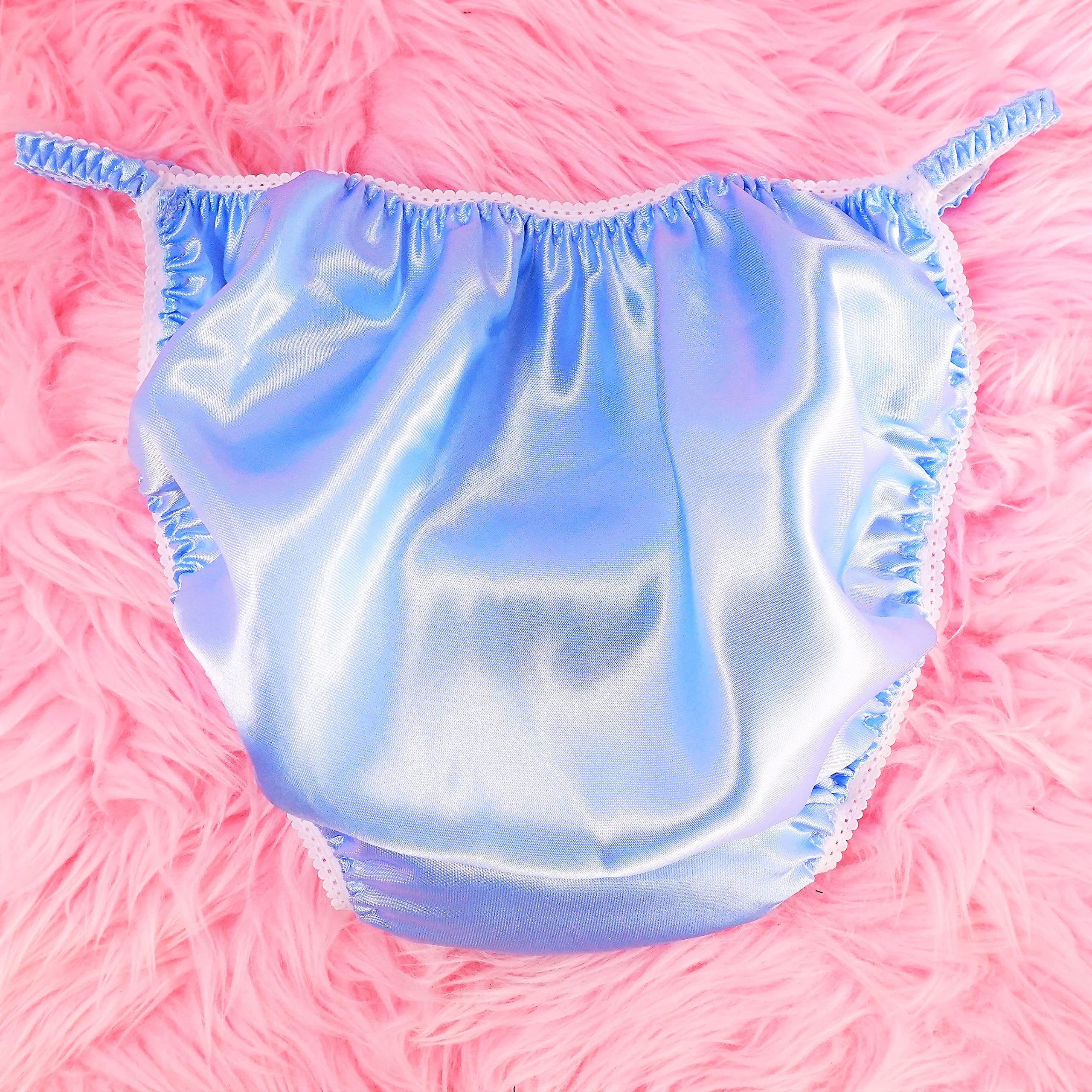 Ania's Poison Sissy Panties Baby Blue Satin String Bikini Shiny Men's Panties Underwear Bra Mini Skirt S-2X (L)