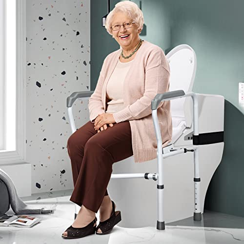 GYMAX Toilet Safety Frame & Rail, Adjustable Free-Assembly Medical Bathroom Assist Frame for Elderly with 360° Rotatable Clip, Non-Slip Heavy Duty Stand Alone Disabled Toilet Riser Handrail Grab Bar