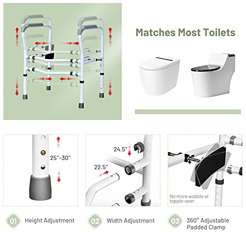 GYMAX Toilet Safety Frame & Rail, Adjustable Free-Assembly Medical Bathroom Assist Frame for Elderly with 360° Rotatable Clip, Non-Slip Heavy Duty Stand Alone Disabled Toilet Riser Handrail Grab Bar