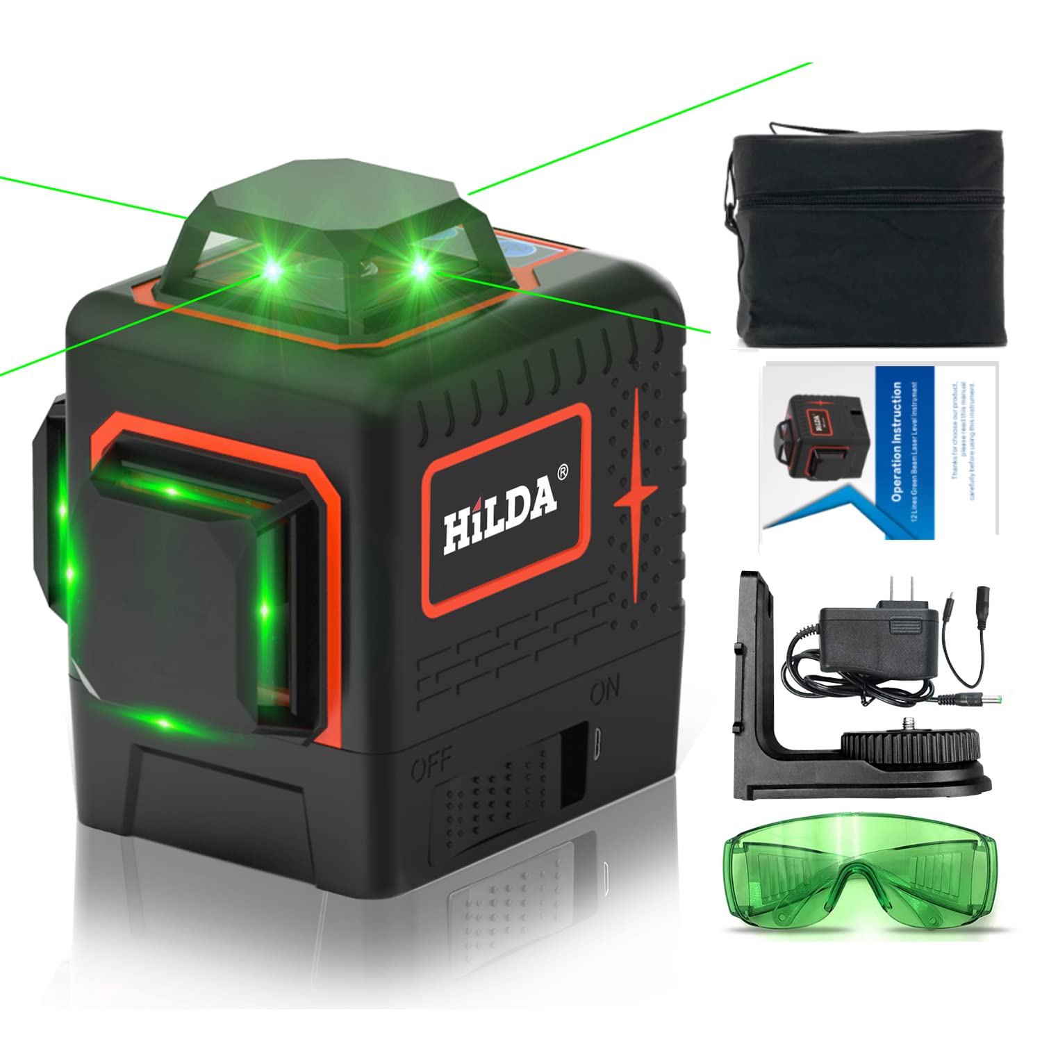 HILDA 4x360°Laser Level 16 Lines Green Line Laser Self Leveling with Alarm, 2x360° Vertical and 2x360°Horizontal laser level, Rechargeable Li-ion battery, for Indoor and Outdoor Construction (AM04)