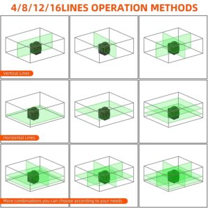 HILDA 4x360°Laser Level 16 Lines Green Line Laser Self Leveling with Alarm, 2x360° Vertical and 2x360°Horizontal laser level, Rechargeable Li-ion battery, for Indoor and Outdoor Construction (AM04)