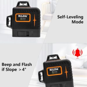 HILDA 4x360°Laser Level 16 Lines Green Line Laser Self Leveling with Alarm, 2x360° Vertical and 2x360°Horizontal laser level, Rechargeable Li-ion battery, for Indoor and Outdoor Construction (AM04)