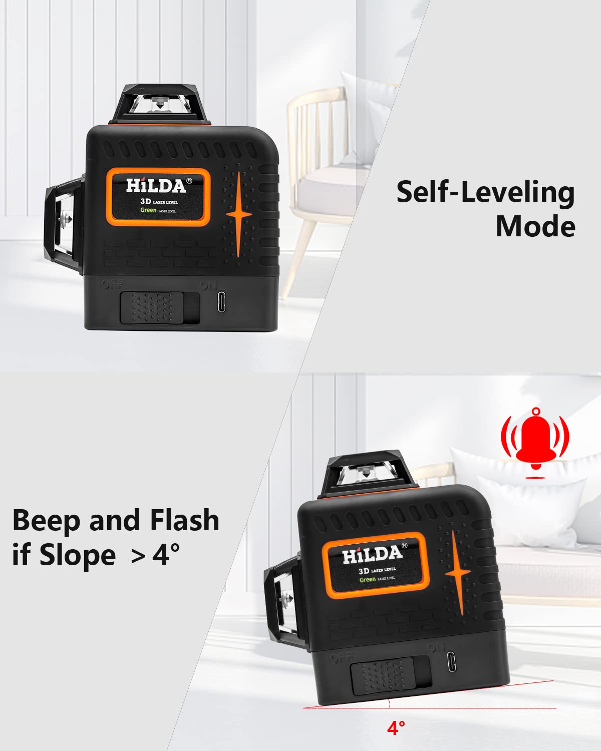 HILDA 4x360°Laser Level 16 Lines Green Line Laser Self Leveling with Alarm, 2x360° Vertical and 2x360°Horizontal laser level, Rechargeable Li-ion battery, for Indoor and Outdoor Construction (AM04)