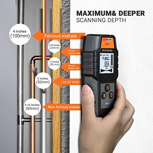 789 Stud Finder, 4 in 1 Sensor Wall Scanner, with Digital LCD display, Automatic Calibration and Sound Alarm, 3 Signal Lamp Prompts, for Wood AC Wire Metal Stud Detection - DMS03, Orange