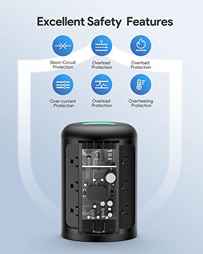 20W USB C Power Strip Tower with 12 AC Outlets, 1500J Surge Protectors, Charging Station for iPhone 14/13 Series, 5FT Extension Cord with Multiple outlets for Dorm Rooms, Home/Office Essentials, Black