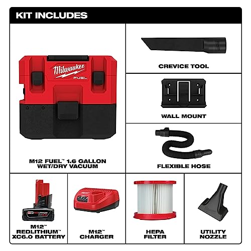 MilwaukeeTool 0960-21 12-Volt 1.6 Gal. Lithium-Ion Cordless WetDry Vacuum Kit with 6.0 Ah Battery and Charger