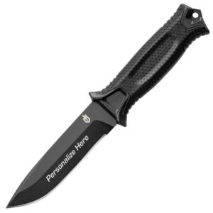 custom engraved gerber strongarm black plain edge fixed blade knife