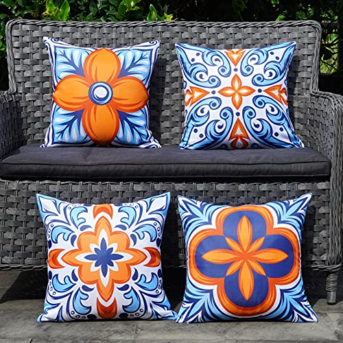 ONWAY Outdoor Pillow Covers Waterproof 18x18 Set of 4 Floral Boho Decorative Throw Cushion Cover Farmhouse Pillows for Bench, Couch, Patio Furniture